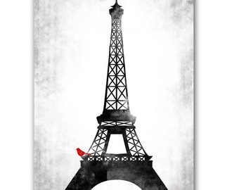 Eiffel Tower Fine Art Print - red bird sitting on the Eiffel Tower, wedding gift, symbol of love