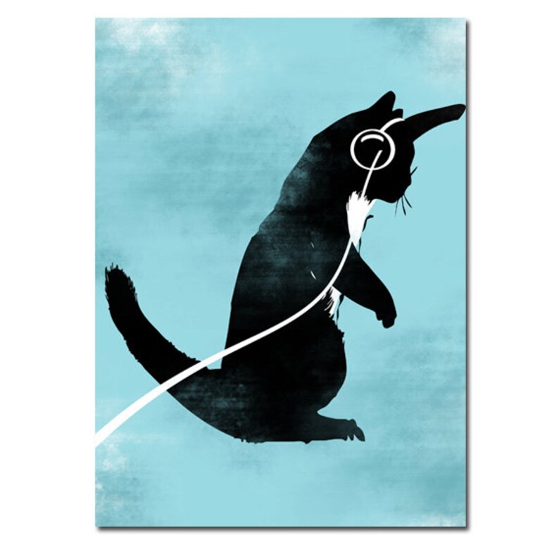 Dancing Cat Print fine art print, black cat print, silhouette, headphones, black, pet lover image 1