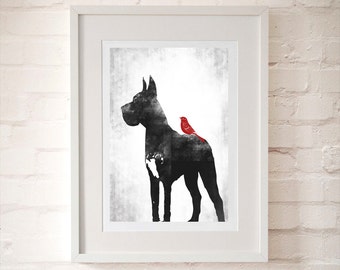 Great Dane Dog with red bird - Fine art print, portrait, pet, animal,  great dane,  great dane art,  great dane print