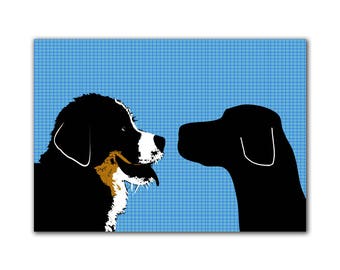 Black Labrador With Bernese Mountain Dogs Print Face to face  - Fine art print, two dogs, dog decor, black silhouette, pet lover