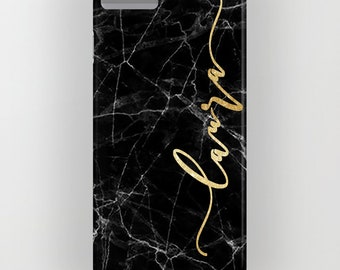 Personalised Print on Black Marble Phone Case, Hard Cover For Apple and Samsung Phones Custom Initials/Text/Name Phone