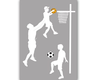 Father's day Gift Guide - Father with two sons playing basketball and football, Fine art print, silhouette, wall decor, Fathers Day