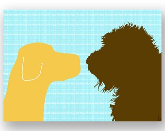 Golden Labrador With Brown Labradoodle Dogs Print Face to face  - Fine art print, two dogs, dog decor, silhouette, pet lover