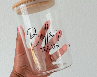 Set of 2 Customizable Cat Treat Jar, Pet Treat Canister, Jars for Pets, Pet Food Storage, Glass Bamboo Treat Jar, Personalized Pet Treat Jar