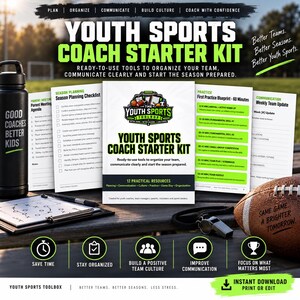 Puede incluir: Un kit de inicio para entrenadores deportivos con un manual central, listas de verificación de temporada, planes de práctica y formularios de actualización. Incluye una botella negra, un silbato, un portapapeles y un balón de fútbol americano.