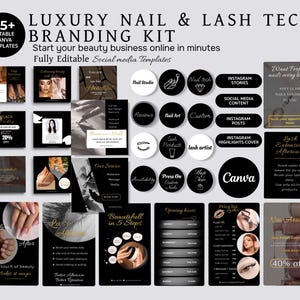 May include: A branding kit for nail and lash technicians, featuring 45+ editable Canva templates. Includes social media templates, Instagram stories, posts, and highlight covers. The kit promotes beauty services with a black and gold color scheme.