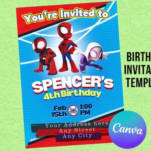Convite de aniversário editável do Aranha e seus amigos incríveis | Editável e imprimível | Download instantâneo - Modelo Canva