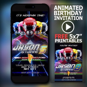 Invitación de cumpleaños animada de Power Rangers personalizada: Entrega digital rápida
