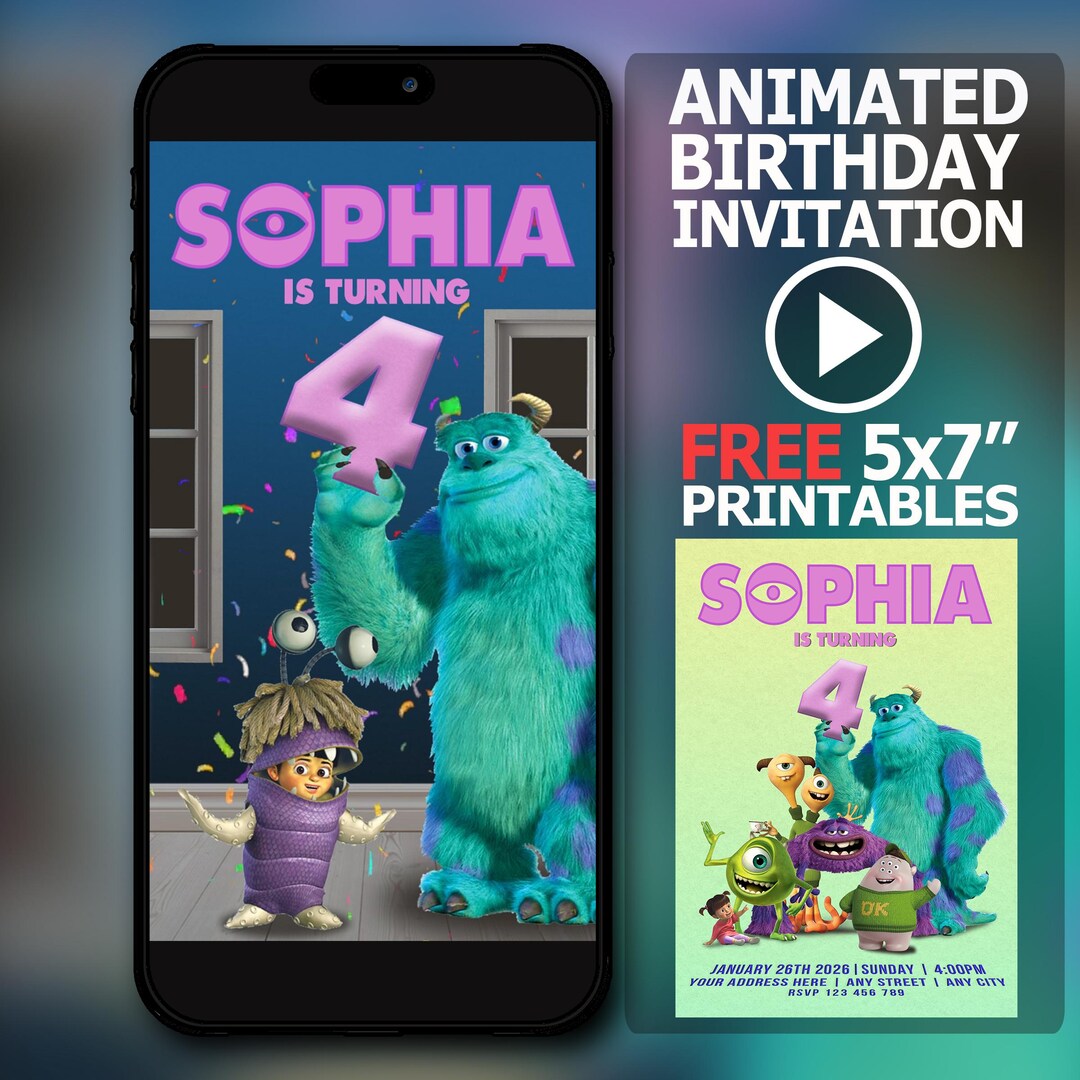 Monsters Animated Birthday Invitation Personalized: Fast Digital ...
