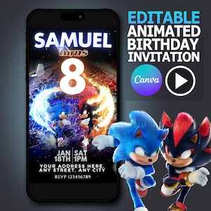Bearbeitbare MP4 Sonic 3 Shadow Video Geburtstagseinladung - Bearbeitbare Einladungsvorlage - Sofortiger Zugriff - Animierte Partyeinladung