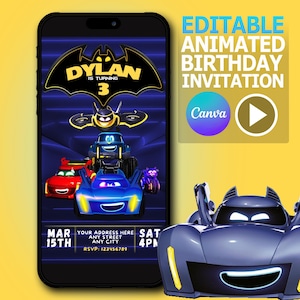 Editable Batwheels Birthday Invitation Video- Instant Download - Party Invitation for Kids