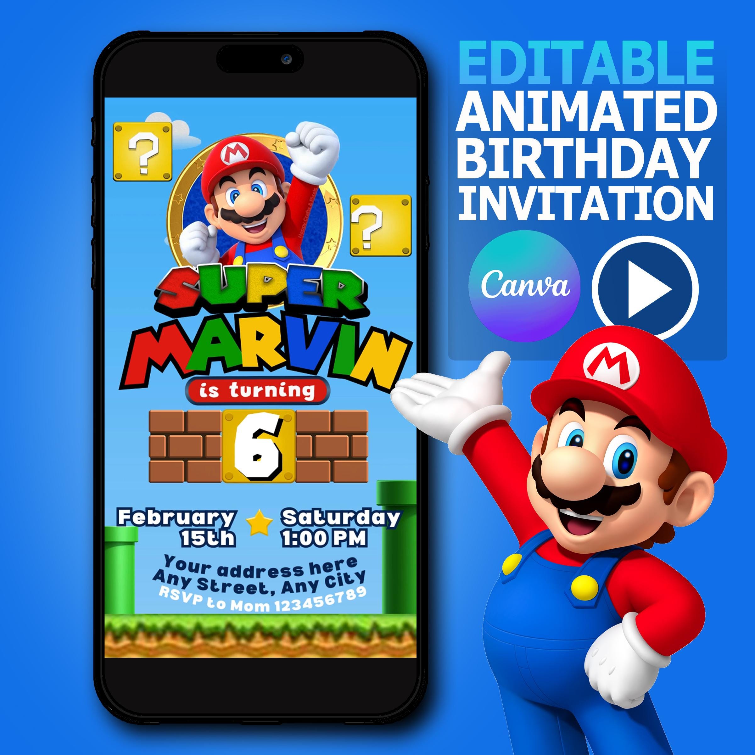 Bewerkbare Super Mario Bros. verjaardagsuitnodiging video - direct downloaden - uitnodiging voor feest voor kinderen