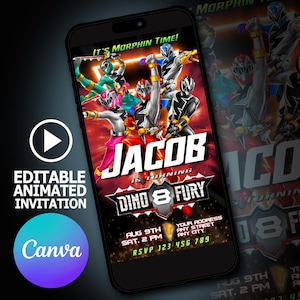 編集可能なパワーレンジャー・ディノ・フューリーの誕生日招待状ビデオ - すぐにダウンロード - 子供向けパーティー招待状