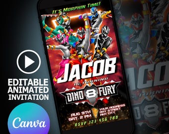 編集可能なパワーレンジャー・ディノ・フューリーの誕生日招待状ビデオ - すぐにダウンロード - 子供向けパーティー招待状