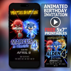 Vidéo d'invitation d'anniversaire Sonic, Knuckles & Tails – Invitation à une fête numérique pour enfants, téléchargement immédiat, prête en 1 heure