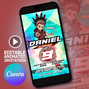 編集可能なベイブレードX誕生日招待状ビデオ - すぐにダウンロード - 子供向けパーティー招待状