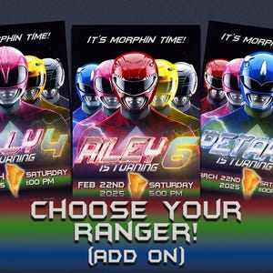 May include: Three Power Rangers birthday party invitations with different character images and text. The invitations are for Tilly turning 4, Riley turning 6, and Detar turning 5. Each invitation has a different color scheme and features a Power Ranger character with a lightning bolt effect. The text on each invitation includes the child's name, age, and the date and time of the party.