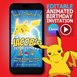 Invitation d'anniversaire vidéo MP4 modifiable/Pokemon Invitation d'anniversaire Pikachu/Fête d'anniversaire Pokemon/Invitation d'anniversaire Pokemon