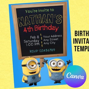 Modèle d'invitation Minions modifiable - Invitation imprimables - carte d'anniversaire personnalisée - téléchargement immédiat - modèle canva