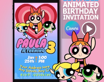 Bewerkbare Power Puff Girls verjaardagsuitnodiging video - direct downloaden - uitnodiging voor feest voor kinderen