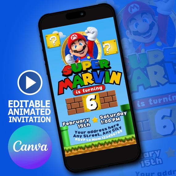 Editable Super Mario Bros. Birthday Invitation Video- Instant Download - Party Invitation for Kids