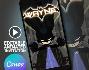 Editable Animated Superhero Birthday Video Invitation: Personalized Bat Guy Party Evite for Kids