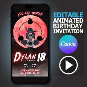 Invitation d'anniversaire vidéo MP4 Itachi modifiable - Invitation personnalisée - Invitation vidéo modifiable - Modèle d'invitation d'anniversaire - Naruto