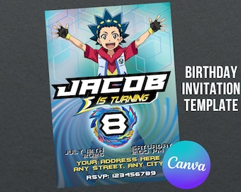 Invitación de cumpleaños de Beyblade: Plantilla editable de Canva (descarga digital)