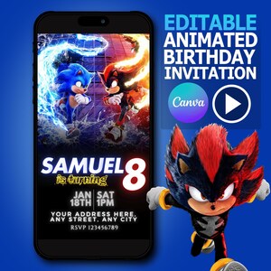 Invito di compleanno video modificabile MP4 Sonic 3 Shadow - Modello di invito modificabile - Accesso immediato - Invito animato per feste
