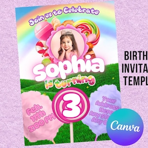 Invitación de cumpleaños editable de Candy Land: invitación digital personalizada para fiesta, temática de Candyland, descarga instantánea, plantilla de Canva