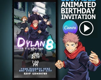 Bewerkbare jujutsu Kaisen-verjaardagsuitnodiging video - direct downloaden - uitnodiging voor feest voor kinderen