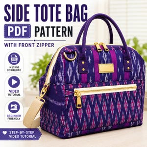 Può includere: Una borsa tote laterale con cerniera frontale, caratterizzata da un motivo vibrante nei toni del viola e del rosa. La borsa ha una tracolla beige e cerniere e hardware color oro. Il testo sull'immagine recita "SIDE TOTE BAG PDF PATTERN WITH FRONT ZIPPER".