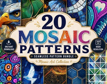 20 Mosaic Seamless Patterns Bundle, Digital Paper Pack, Geometric Tile Backgrounds, Printable 12x12 JPG, Commercial Use