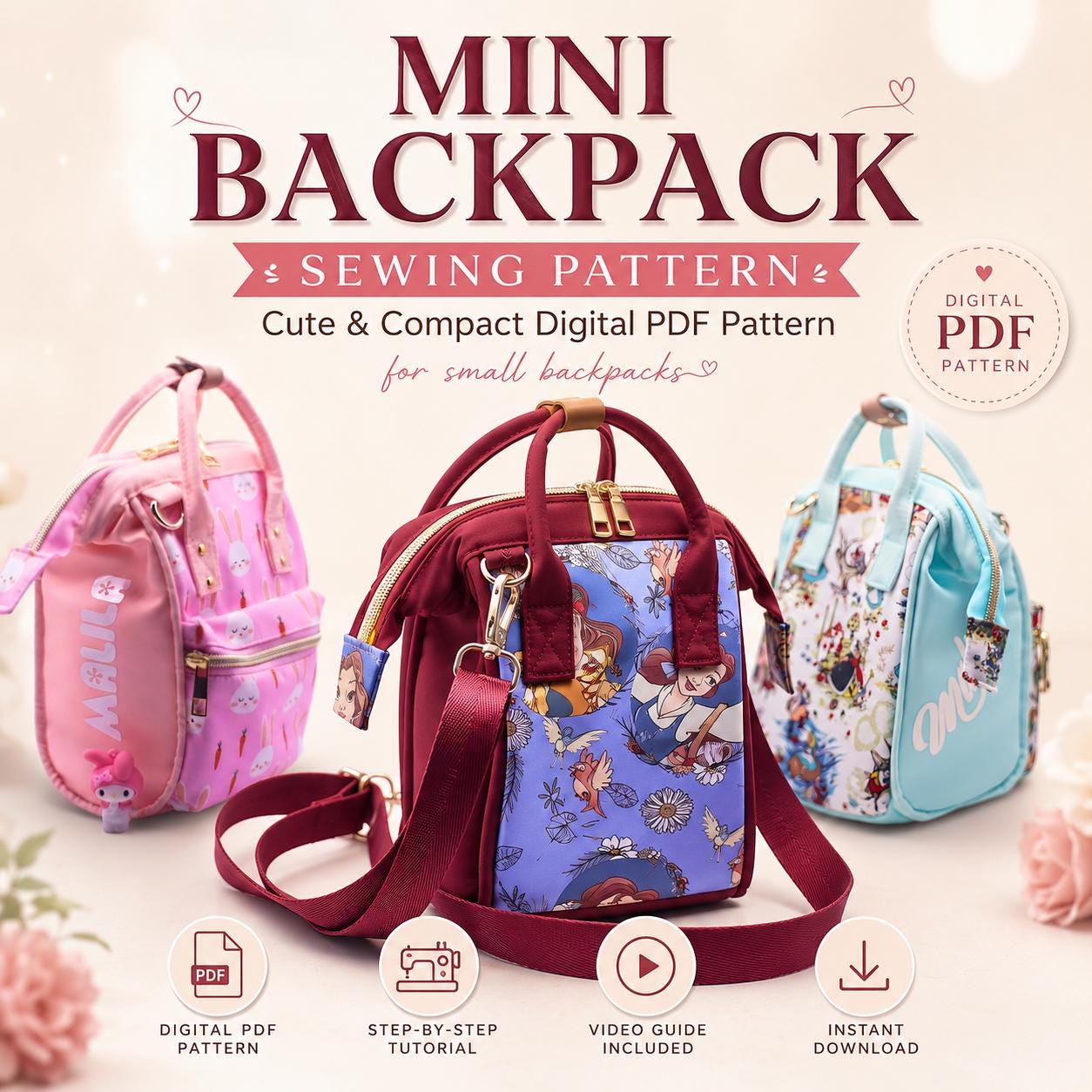 Mini Backpack PDF Sewing Pattern, Cute Small Backpack Tutorial, DIY Bag ...