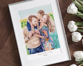 Moederdagcadeau, aangepast cadeau familieportret, gepersonaliseerd aquarelportret, herdenkingsportret voor overleden vader/moeder, cadeau voor geliefde