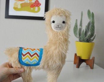 Furry Llama Alpaca Plushie - Blue and Rainbow Chevron Stripes - READY TO SHIP