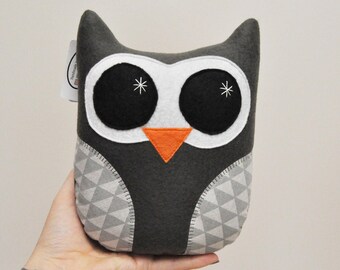 Dark Gray Plush Owl With Geometric Triangles - READY TO SHIP