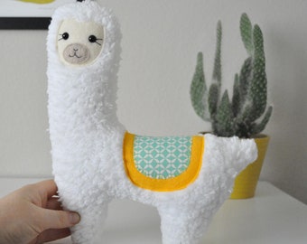 Fuzzy Llama Alpaca Plushie - Yellow and Light Blue Geometric Pattern - READY TO SHIP