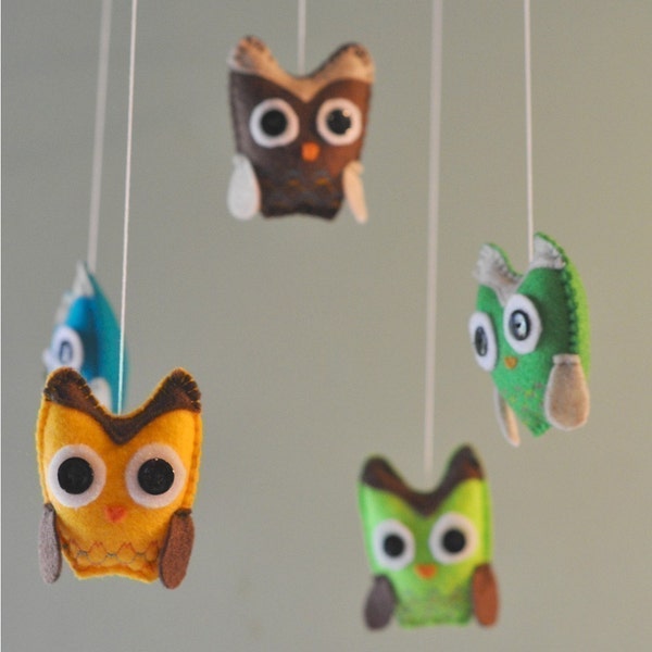 Hanging Owl Baby Mobile - Blue, Green, Lime Green, Yellow, Brown