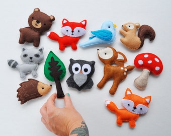 Plush Woodland Creatures - Deer, Bear, Owl, Blue Bird, Squirrel, Porcupine, Raccoon, Red Fox, Orange Fox, Mushroom, Tree