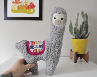 Fuzzy Gray Llama Alpaca Plushie - Pink Mod Floral Flower Pattern - READY TO SHIP