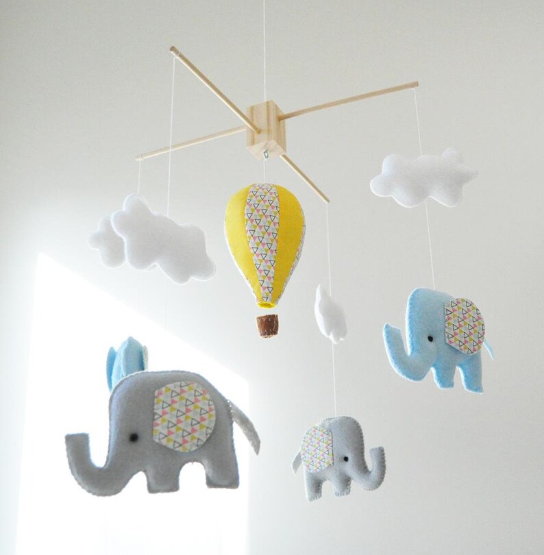 Hot Air Balloon Elephant Baby Mobile Blue Grey and Yellow | Etsy