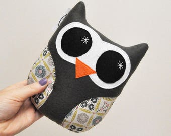 Dark Gray Plush Owl With Floral Print Wings - READY TO SHIP