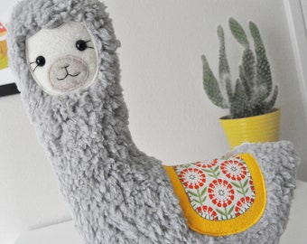 Fuzzy Gray Llama Alpaca Plushie - Yellow Flower Floral - READY TO SHIP