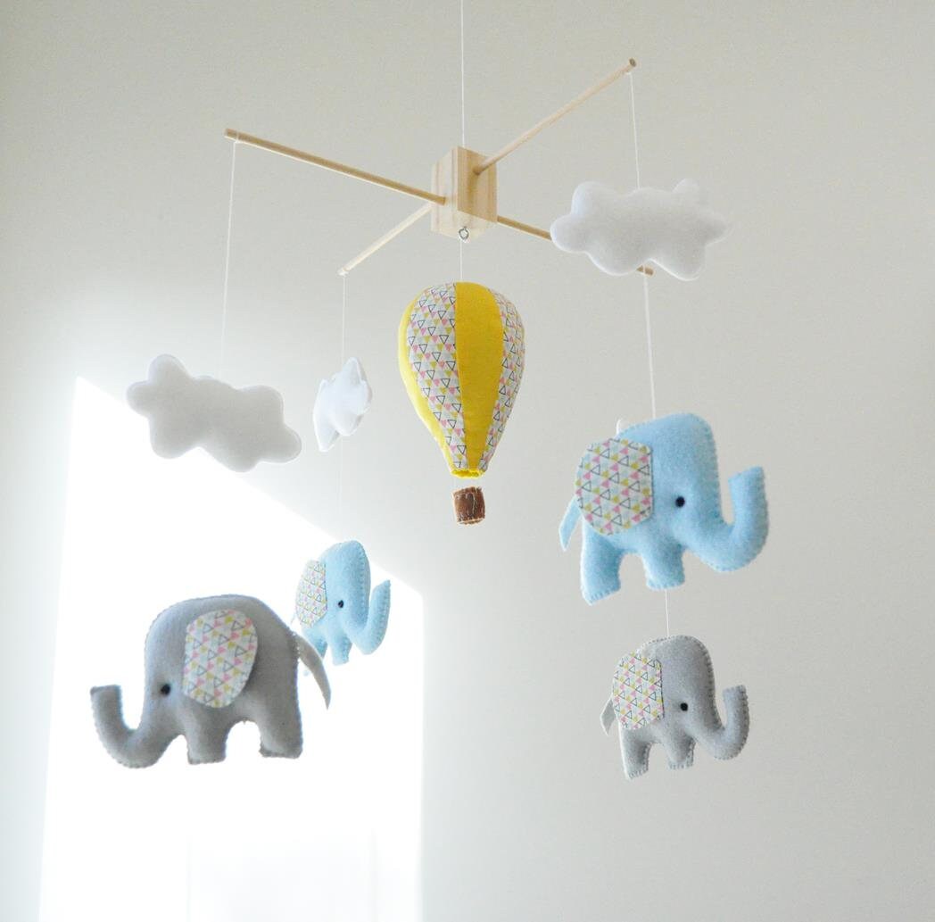 Hot Air Balloon Elephant Baby Mobile Blue Grey and Yellow | Etsy