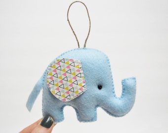 Elephant Christmas Ornament- Light Blue - Geometric Pattern - Baby Shower - Party Favor