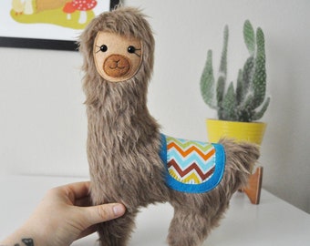 Furry Llama Alpaca Plushie - Blue and Rainbow Chevron Stripes - READY TO SHIP