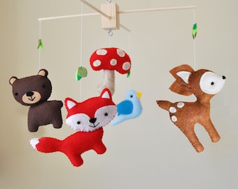 Custom Hanging Woodland Mobile - CHOOSE YOUR ANIMALS - Deer, Bear, Squirrel, Porcupine, Owl, Blue Bird, Fox, Raccoon, Tree, and Mushroom