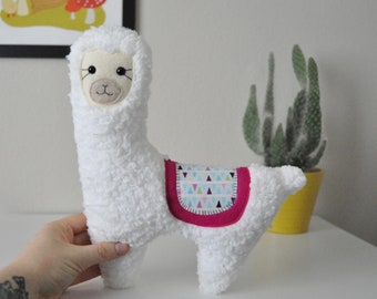 Fuzzy Llama Alpaca Plushie - Pink Geometric Triangle Pattern - READY TO SHIP