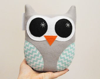 Light Gray Plush Owl With Chevron Stripes - READY TO SHIP